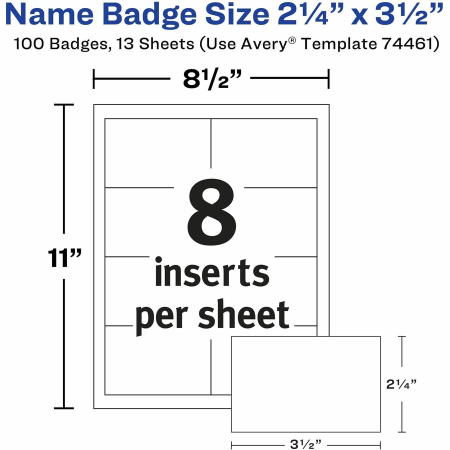 Avery® Name Badges with Clips, 2.25" x 3.5" , 100 Badges (74461) - Legal - 8 1/2" x 11" - Durable, Reusable, Printable, Clip, Micro Perforated - White - 13 Sheets - 100 / Box