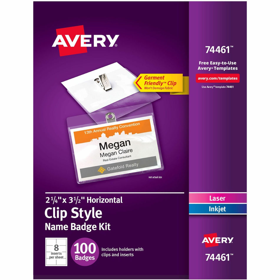 Avery® Name Badges with Clips, 2.25" x 3.5" , 100 Badges (74461) - Legal - 8 1/2" x 11" - Durable, Reusable, Printable, Clip, Micro Perforated - White - 13 Sheets - 100 / Box