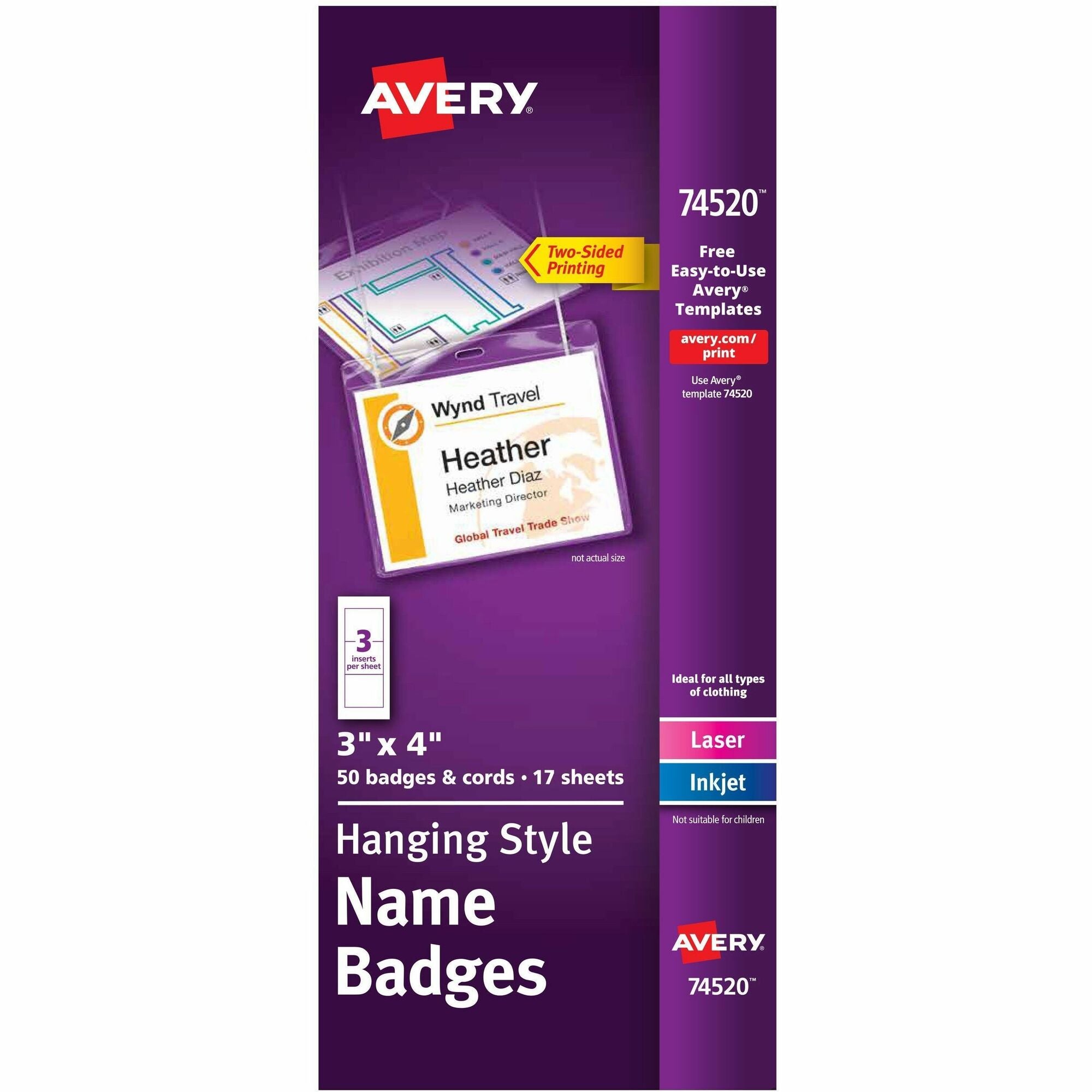 Avery® Name Badges with Cords, 3" x 4" , 50 Total (74520) - 8 1/2" x 11" - Durable, Micro Perforated, Printable, PVC-free, Double-sided, Smudge-free - White - 50 / Box