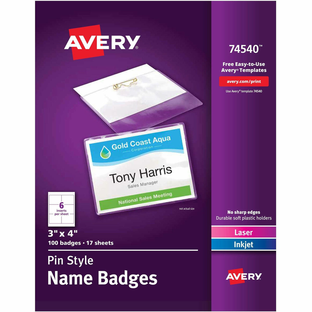 Avery® Pin-Style Name Badges - Clear, White - 100 / Box