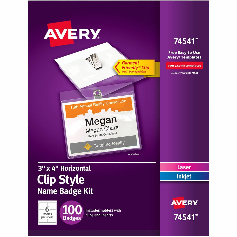 Avery® Clip-Style Name Badges - 4" x 3" - Clip - White, Clear - 100 / Box