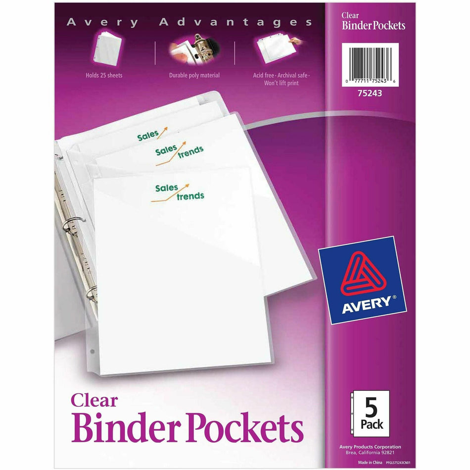 Avery® Letter Vinyl File Pocket - 8 1/2" x 11" - 20 Sheets Capacity - 3 Pocket(s) - Polypropylene, Plastic - Clear - 0% Recycled - 5 / Pack