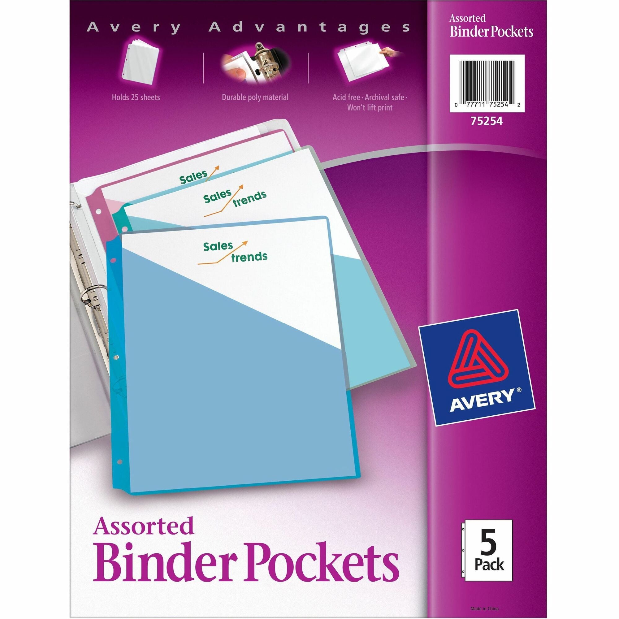 Avery® Durable Letter Vinyl File Pocket - 8 1/2" x 11" - 20 Sheets Capacity - 3 Pocket(s) - Polypropylene - Assorted - Tear Resistant, Acid-free, Archival-safe, PVC-free, Durable - 5 / Pack