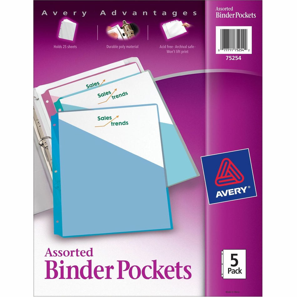 Avery® Durable Letter Vinyl File Pocket - 8 1/2" x 11" - 20 Sheets Capacity - 3 Pocket(s) - Polypropylene - Assorted - Tear Resistant, Acid-free, Archival-safe, PVC-free, Durable - 5 / Pack