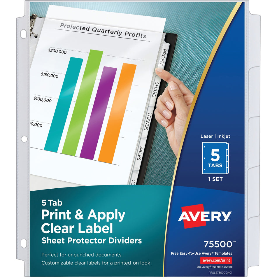Avery® Index Maker Index Divider - 5 x Divider(s) - 5 - 5 Tab(s)/Set - 8.5" Divider Width x 11" Divider Length - 3 Hole Punched - Clear Plastic Divider - Clear Plastic Tab(s) - 5 / Set