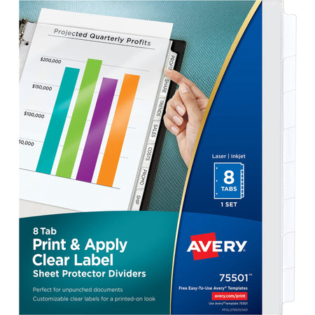 Avery® Print & Apply Sheet Protector Dividers - 8 x Divider(s) - 8 - 8 Tab(s)/Set - 8.5" Divider Width x 11" Divider Length - 3 Hole Punched - Clear Plastic Divider - Clear Plastic Tab(s) - 8 / Set