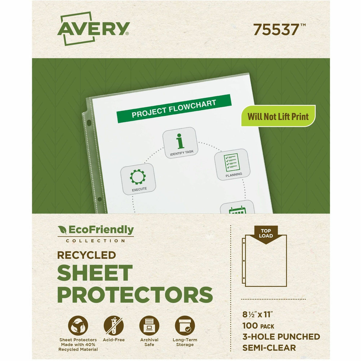 Avery® EcoFriendly Economy Sheet Protectors, 100ct (75537) - For Letter 8 1/2" x 11" Sheet - 3 x Holes - Ring Binder - Top Loading - Semi Clear - Polypropylene - 100 / Box