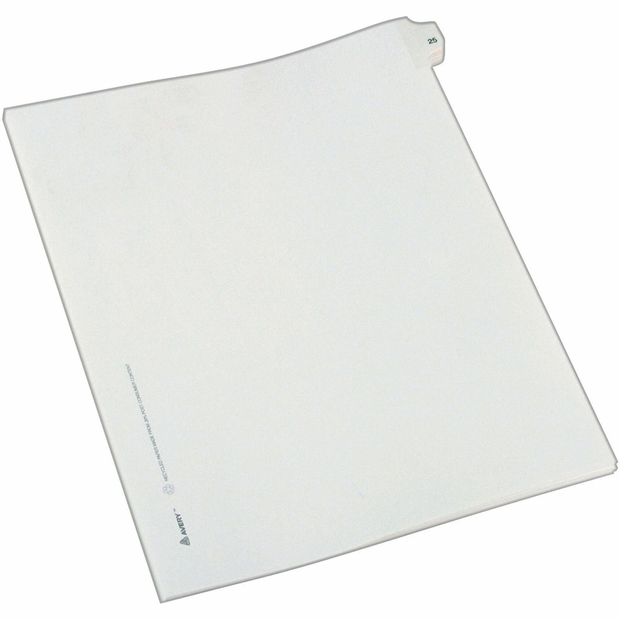 Avery® Alllstate Style Individual Legal Dividers - 25 x Divider(s) - Side Tab(s) - 25 - 1 Tab(s)/Set - 8.5" Divider Width x 11" Divider Length - Letter - 8.50" Width x 11" Length - Paper Divider - White Tab(s) - 20% Recycled - 25 / Pack