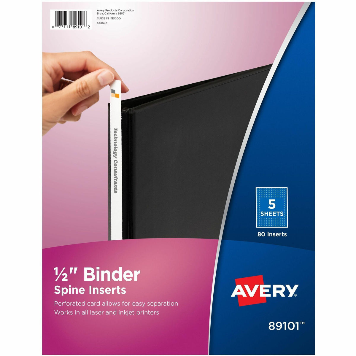 Avery® Binder Spine Inserts, 1/2 Inch Binders, 80 Inserts (89101) - For 1/2" Sheet - 3 x Rings - Ring Binder - Bright White - Card Stock