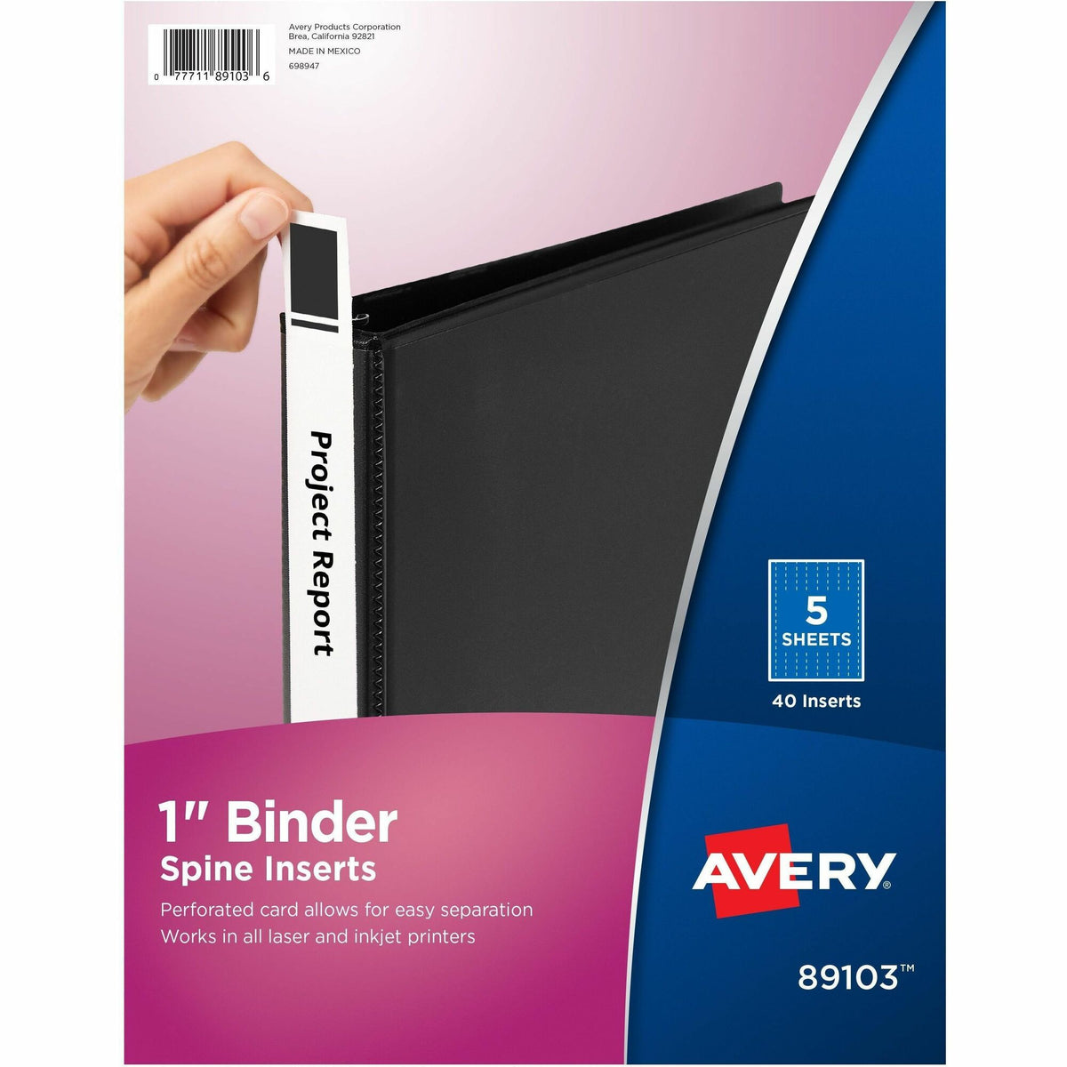 Avery® Binder Spine Inserts, 1 Inch Binders, 40 Inserts (89103) - 1.4" Width - 40 Capacity - For 1" Sheet - 3 x Rings - Ring Binder - Bright White - Card Stock