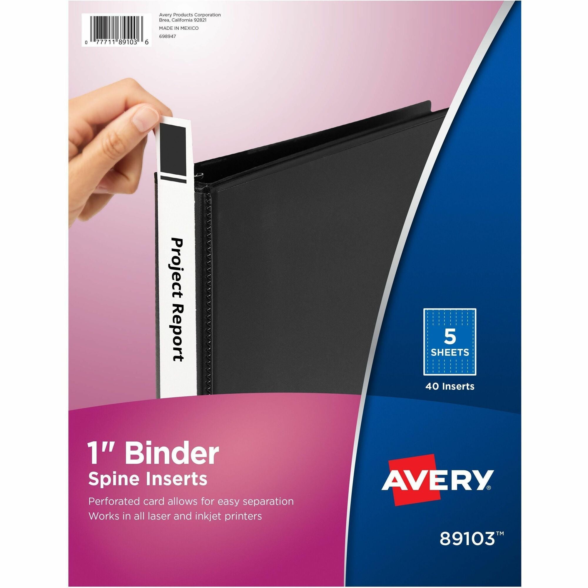 Avery® Binder Spine Inserts, 1 Inch Binders, 40 Inserts (89103) - 1.4" Width - 40 Capacity - For 1" Sheet - 3 x Rings - Ring Binder - Bright White - Card Stock