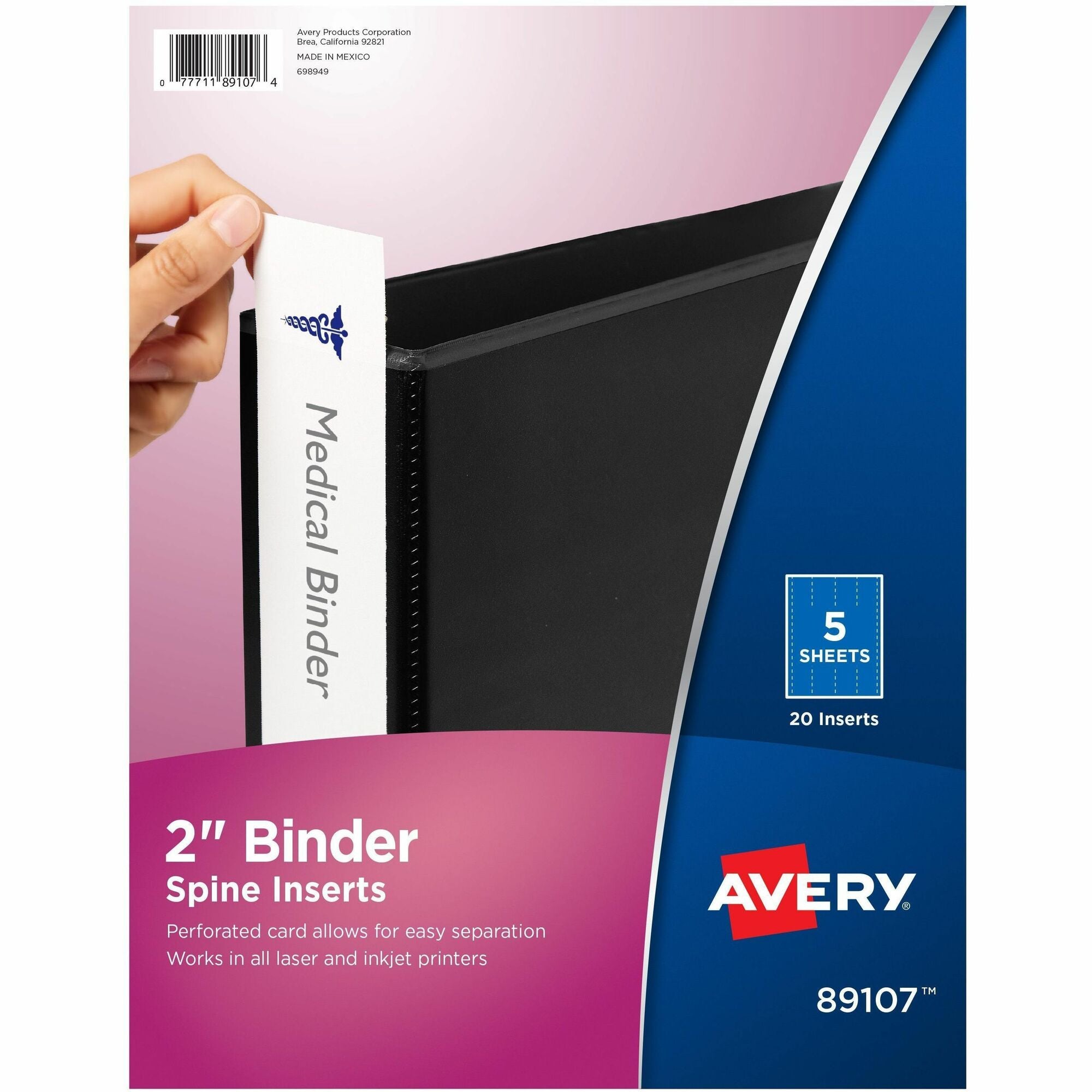Avery® Binder Spine Inserts, 2 Inch Binders, 20 Inserts (89107) - 2.8" Width - For 2" Sheet - 3 x Rings - Ring Binder - Bright White - Card Stock