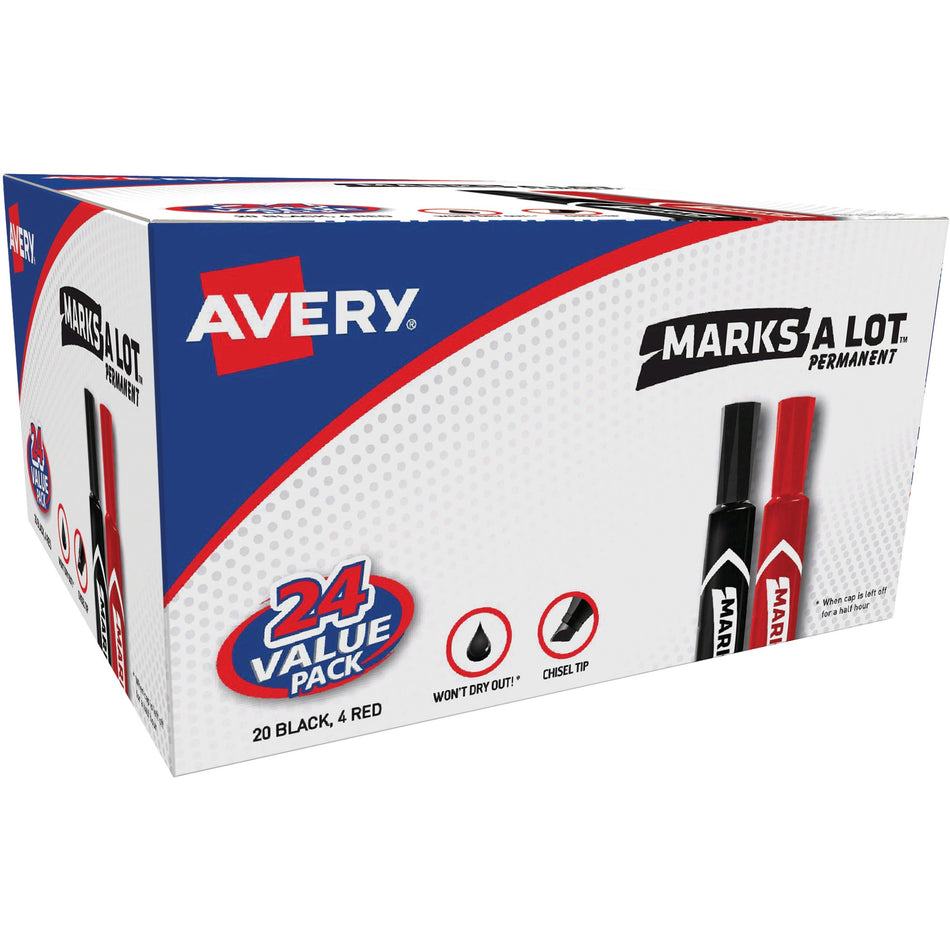Avery®Marks A Lot Permanent Markers - 4.762500 mm Chisel Marker Point - Red, Black Ink - 24 / Box