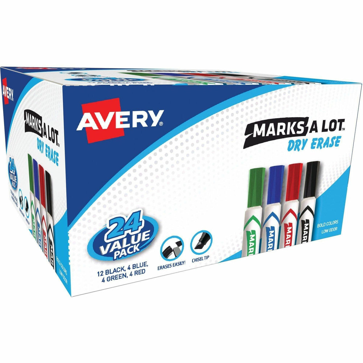 Avery®Marks A Lot Marks A Lot Desk-Style Dry-Erase Markers - Chisel Marker Point - Erasable - Black, Blue, Green, Red Ink - 24 / Box