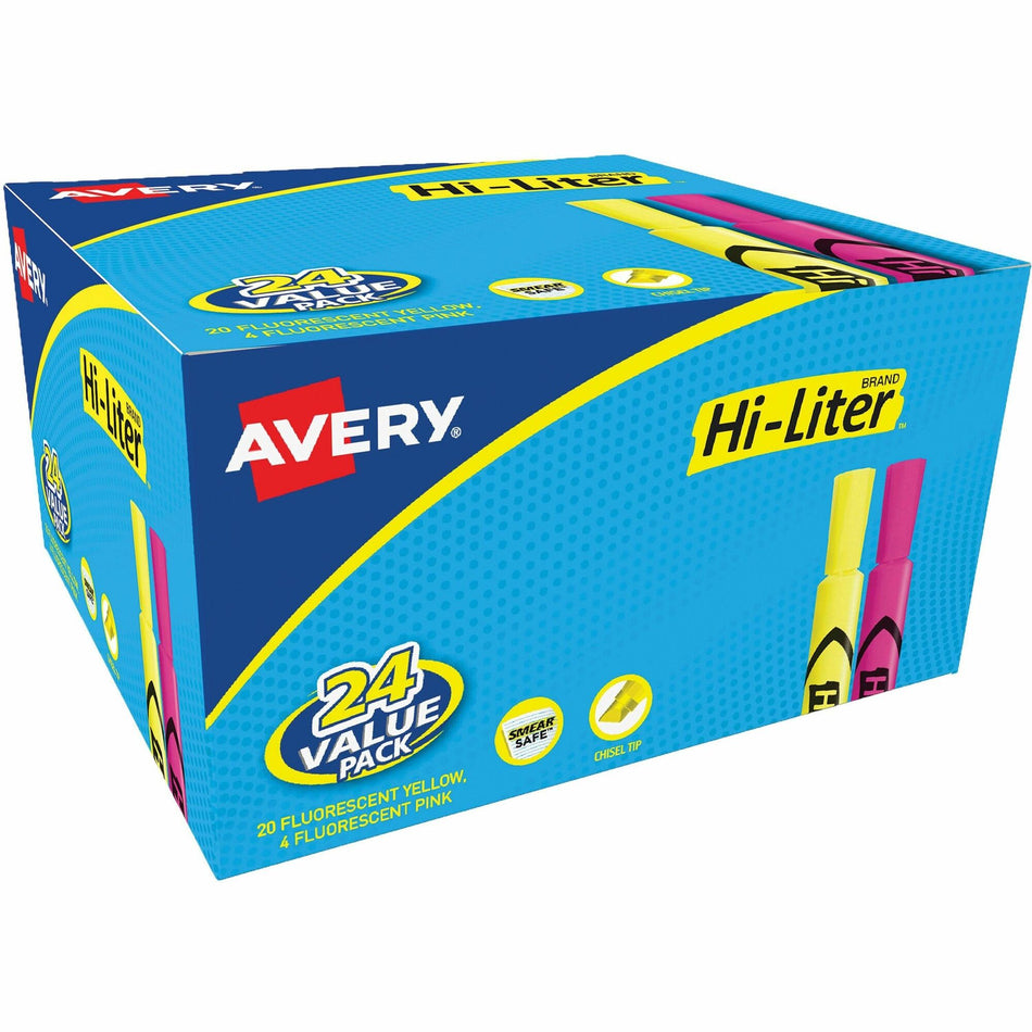 Avery®Hi-Liter Desk-Style Highlighters - Chisel Marker Point - Fluorescent Yellow, Fluorescent Pink Ink - Water Based - 24 / Box