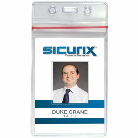SICURIX Badge Holder - Support 2.62" x 3.75" Media - Vertical - Vinyl - Clear - Zipper Lock - 50 / Pack