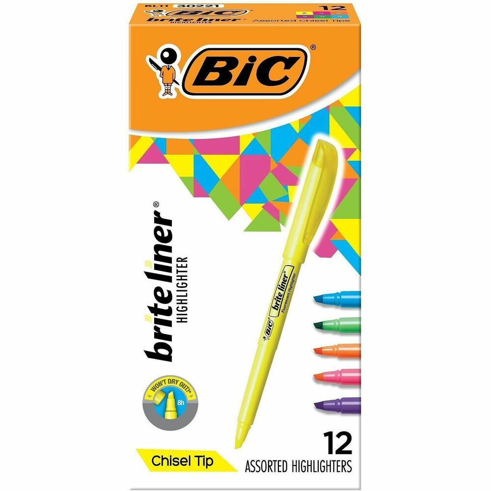 BIC Brite Liner Highlighter, Assorted - Chisel Marker Point - Fluorescent Assorted Ink - 12 / Box