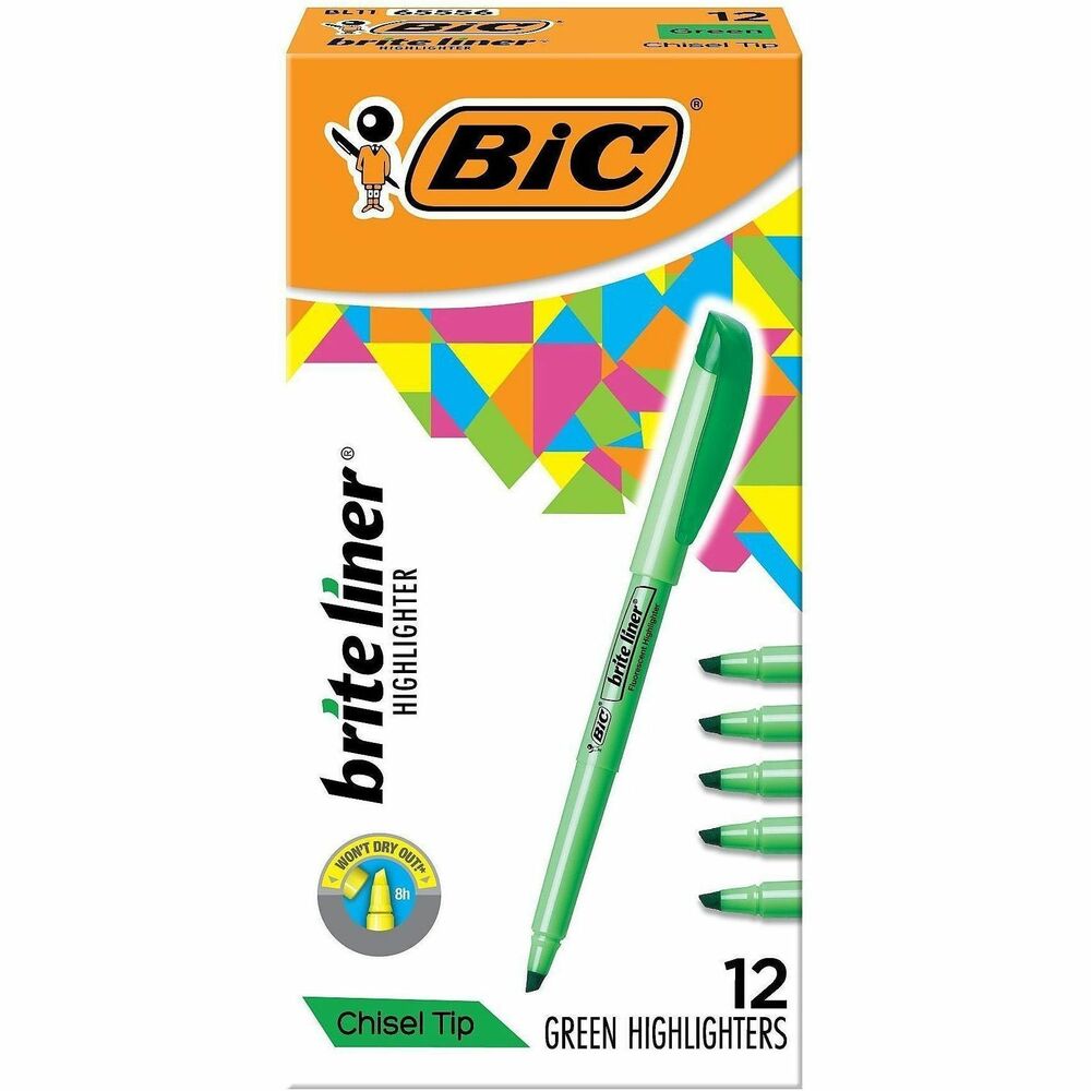 BIC Brite Liner Highlighters: Fluorescent Green Ink Chisel Marker Point - Highlighters