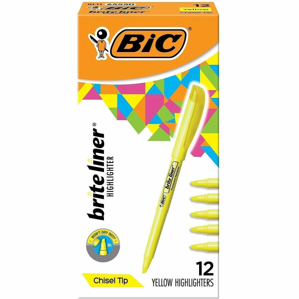 BIC Brite Liner Highlighters - Chisel Marker Point - Fluorescent Yellow Ink - Water Based - 1 Dozen
