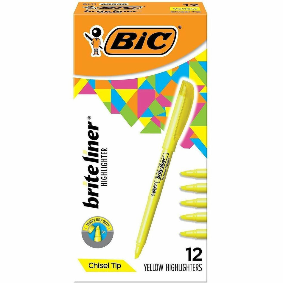 BIC Brite Liner Highlighters - Chisel Marker Point - Fluorescent Yellow Ink - Water Based - 1 Dozen