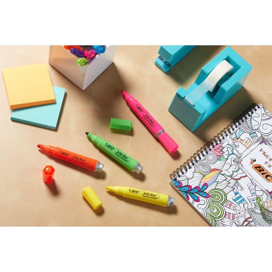 BIC Brite Liner Grip XL Highlighters, Assorted - Chisel Marker Point - Fluorescent Assorted Ink - 4 / Set