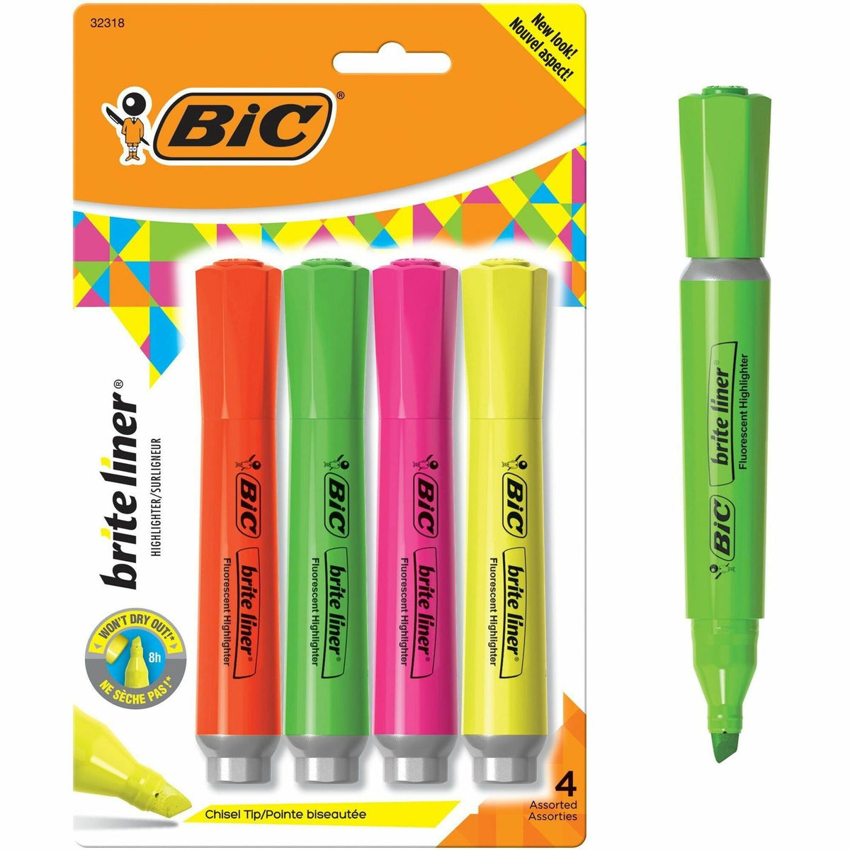 BIC Brite Liner Grip XL Highlighters, Assorted - Chisel Marker Point - Fluorescent Assorted Ink - 4 / Set