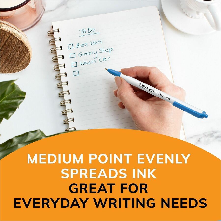 BIC Clic Stic Retractable Ballpoint Pens - Medium Round Pen Point - Retractable - Blue Ink - Clear Barrel - 1 Dozen