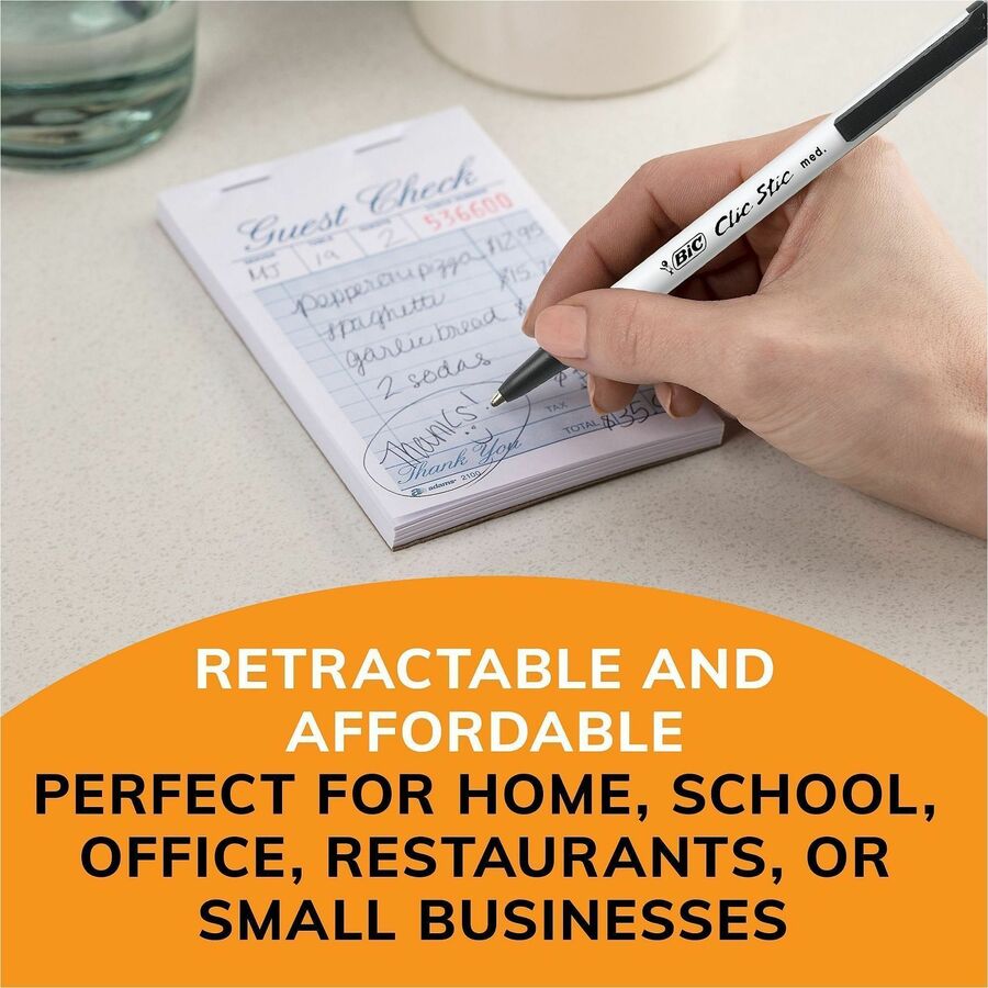 BIC Clic Stic Retractable Ballpoint Pens - Medium Pen Point - Retractable - Black Ink - White Barrel - 1 Dozen