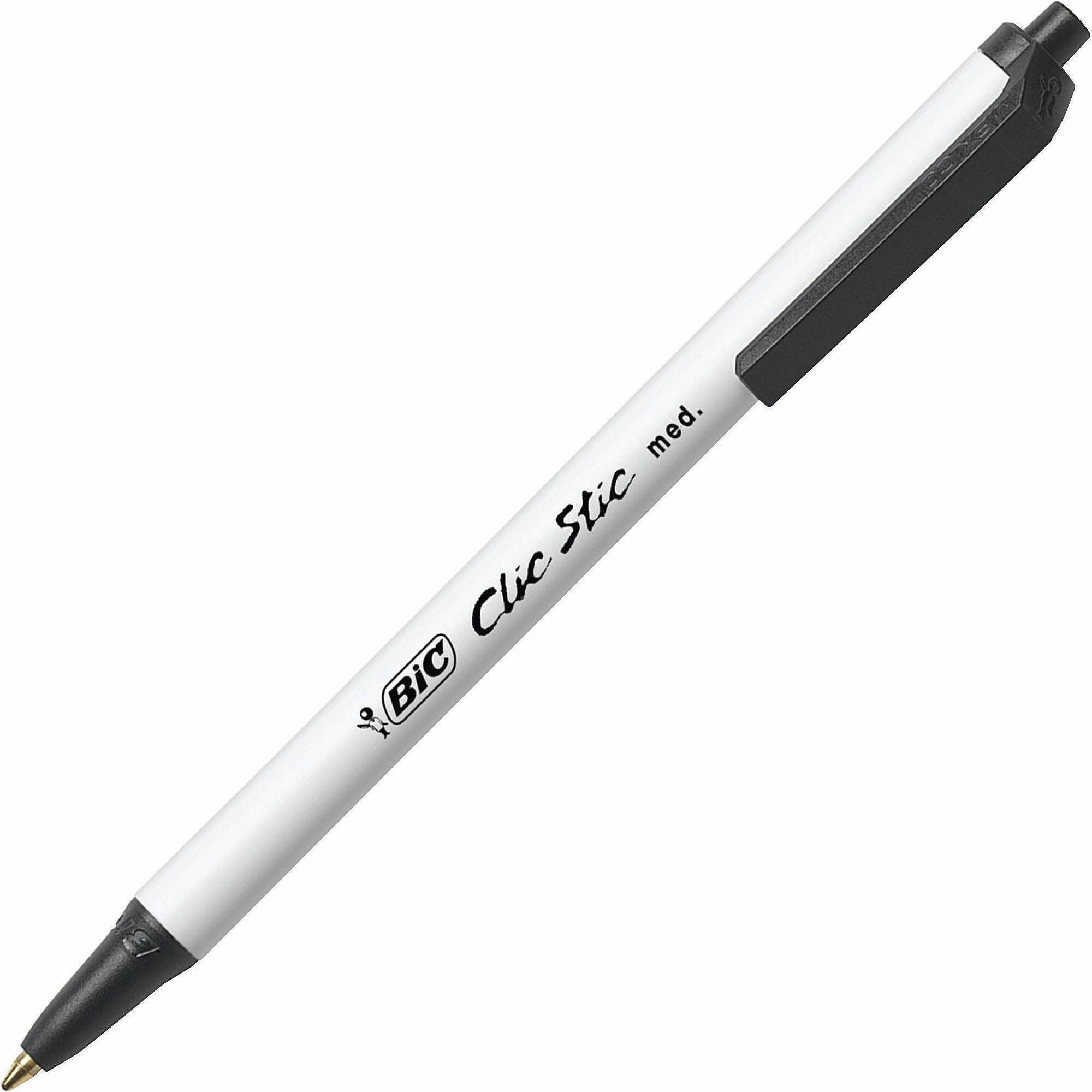 BIC Clic Stic Retractable Ballpoint Pens - Medium Pen Point - Retractable - Black Ink - White Barrel - 1 Dozen
