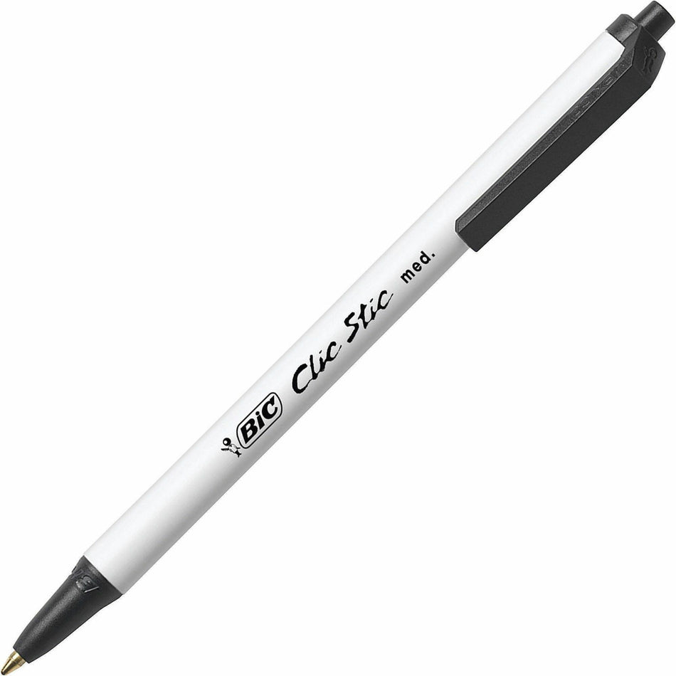 BIC Clic Stic Retractable Ballpoint Pens - Medium Pen Point - Retractable - Black Ink - White Barrel - 1 Dozen