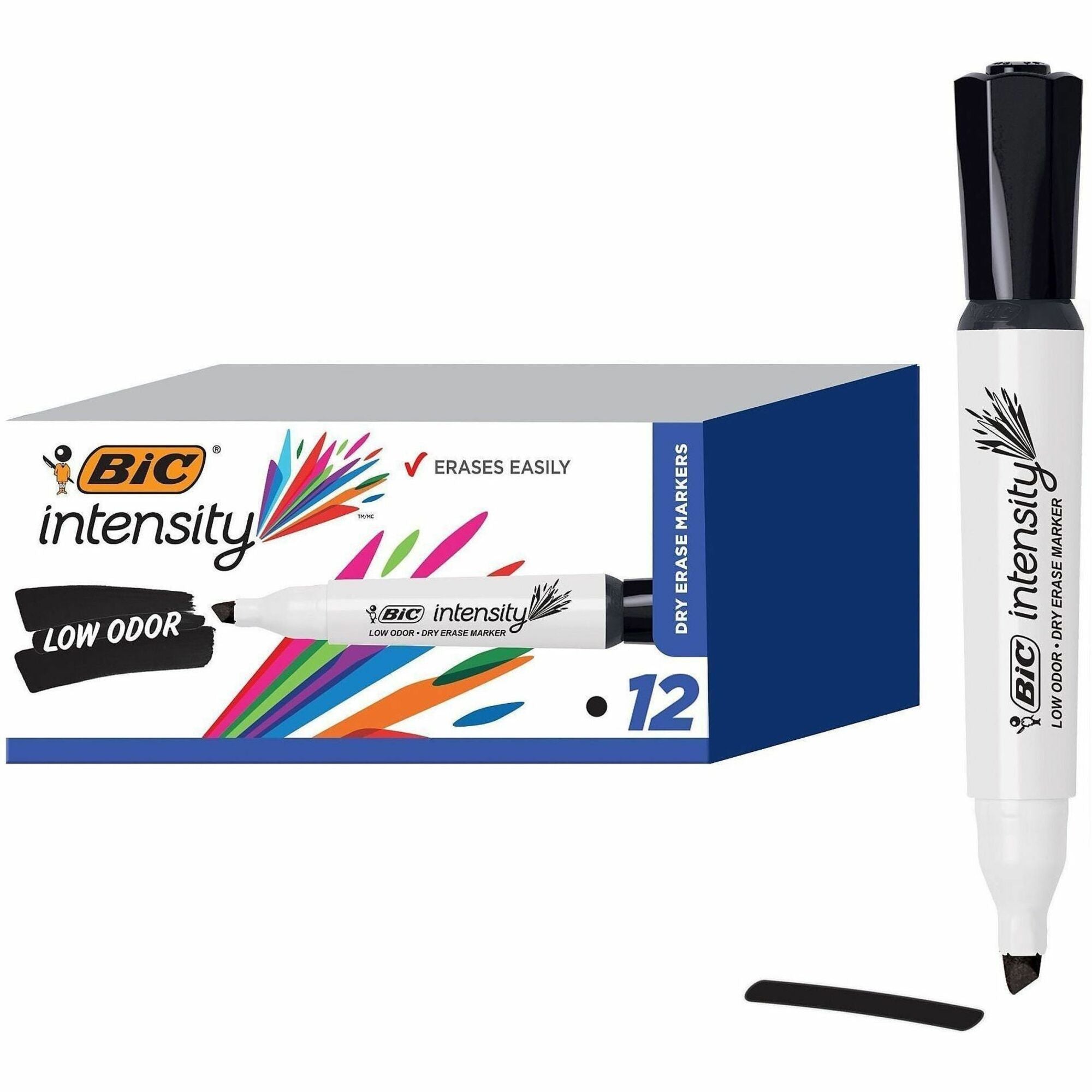 BIC Intensity Low Odor Dry Erase Markers - Chisel Marker Point - Black Ink - 1 Dozen