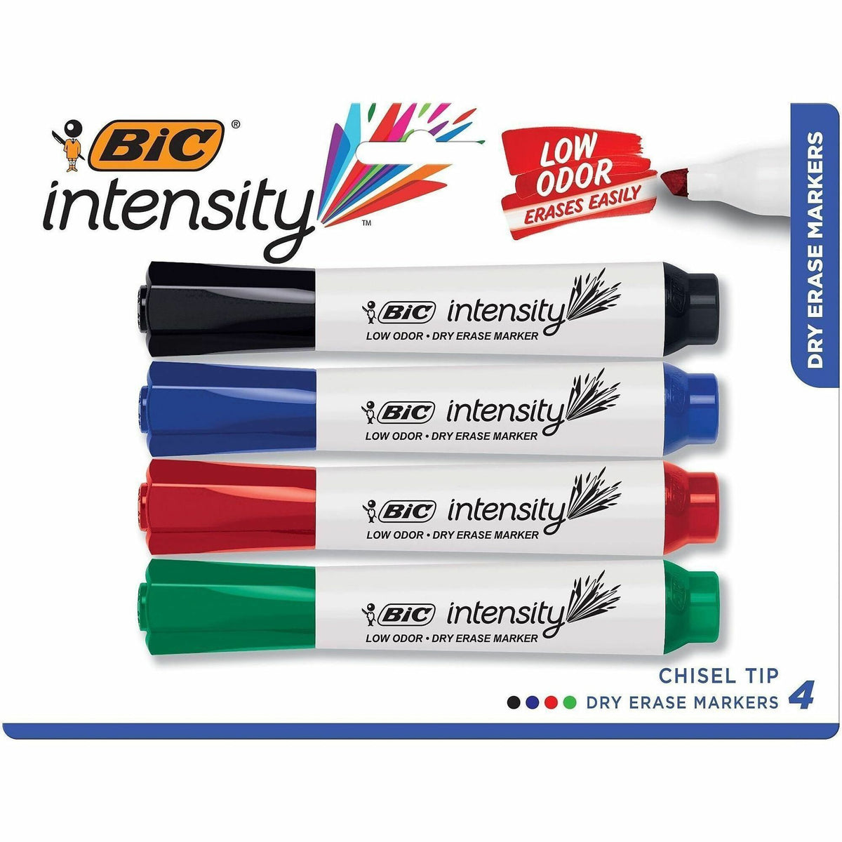 BIC Intensity Low Odor Dry Erase Marker, Tank, Assorted - Chisel Marker Point - Assorted Ink - 4 / Set