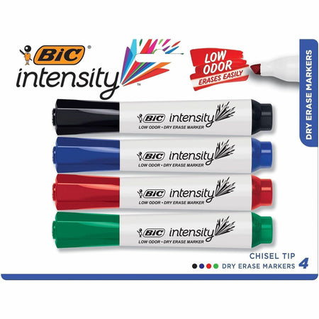 BIC Intensity Low Odor Dry Erase Marker, Tank, Assorted - Chisel Marker Point - Assorted Ink - 4 / Set