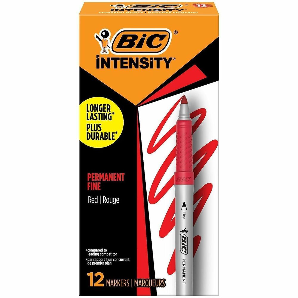 BIC Intensity Permanent Markers - Fine Marker Point - Red Ink - Silver Barrel - 1 Dozen