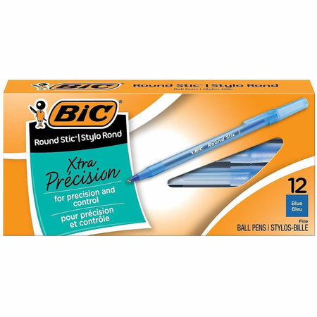 BIC Round Stic Ballpoint Pens - Fine Pen Point - Blue Ink - Blue Barrel - 1 Dozen