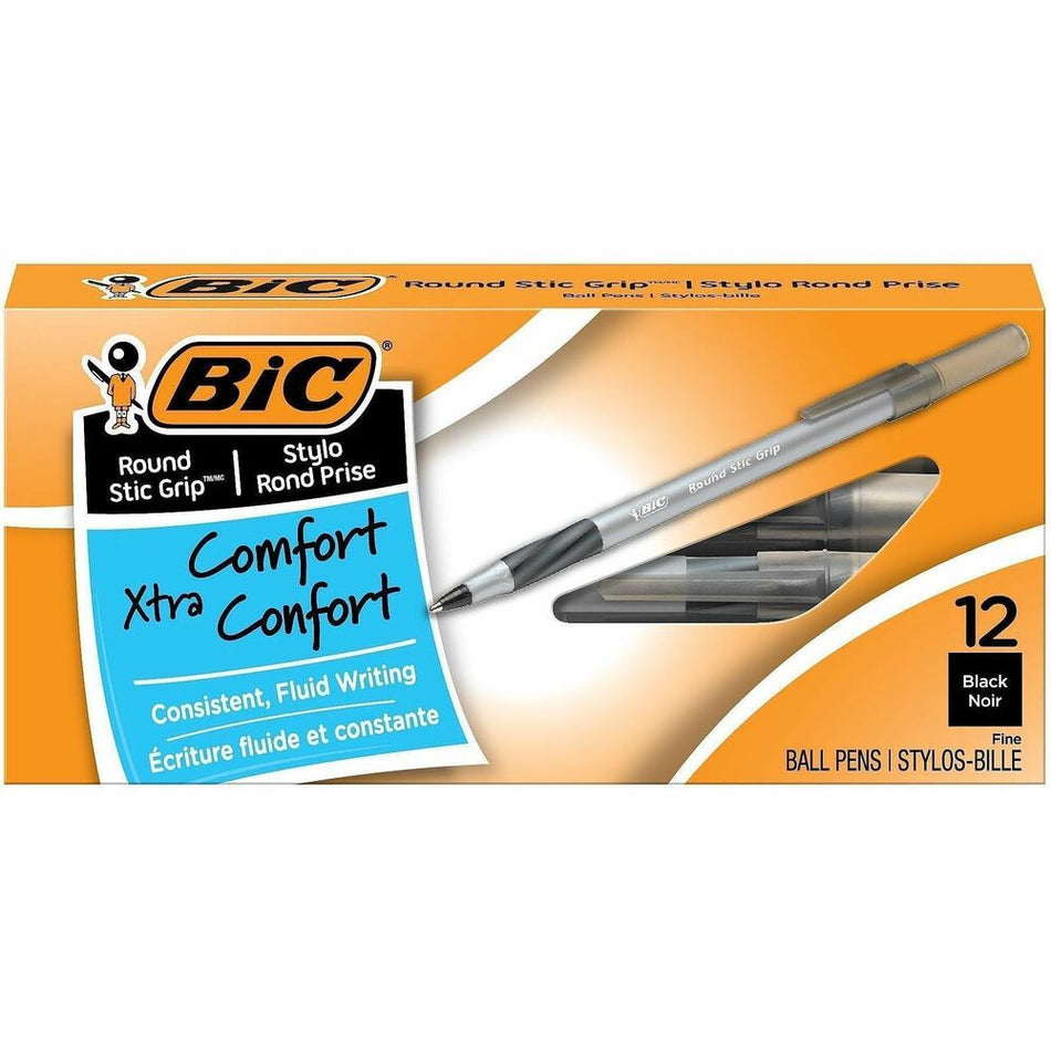 BIC Fine Point Round Stic Pens - Fine Pen Point - Black Ink - Gray Barrel - 1 Dozen