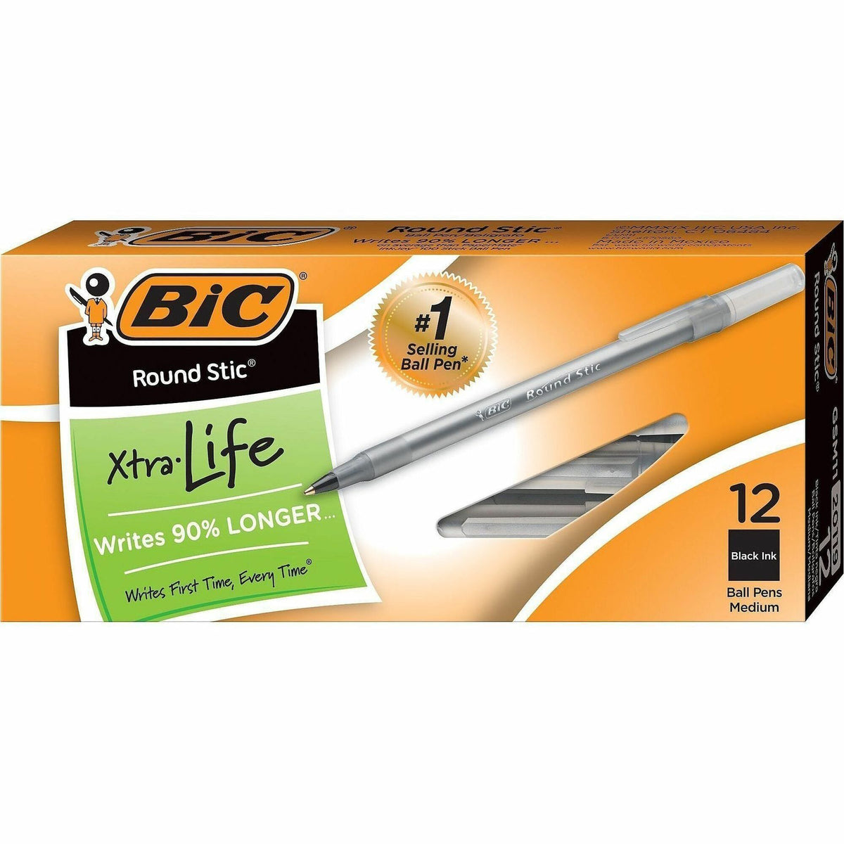 BIC Round Stic Ballpoint Pens - Medium Pen Point - Black Ink - Black Barrel - 12 / Box