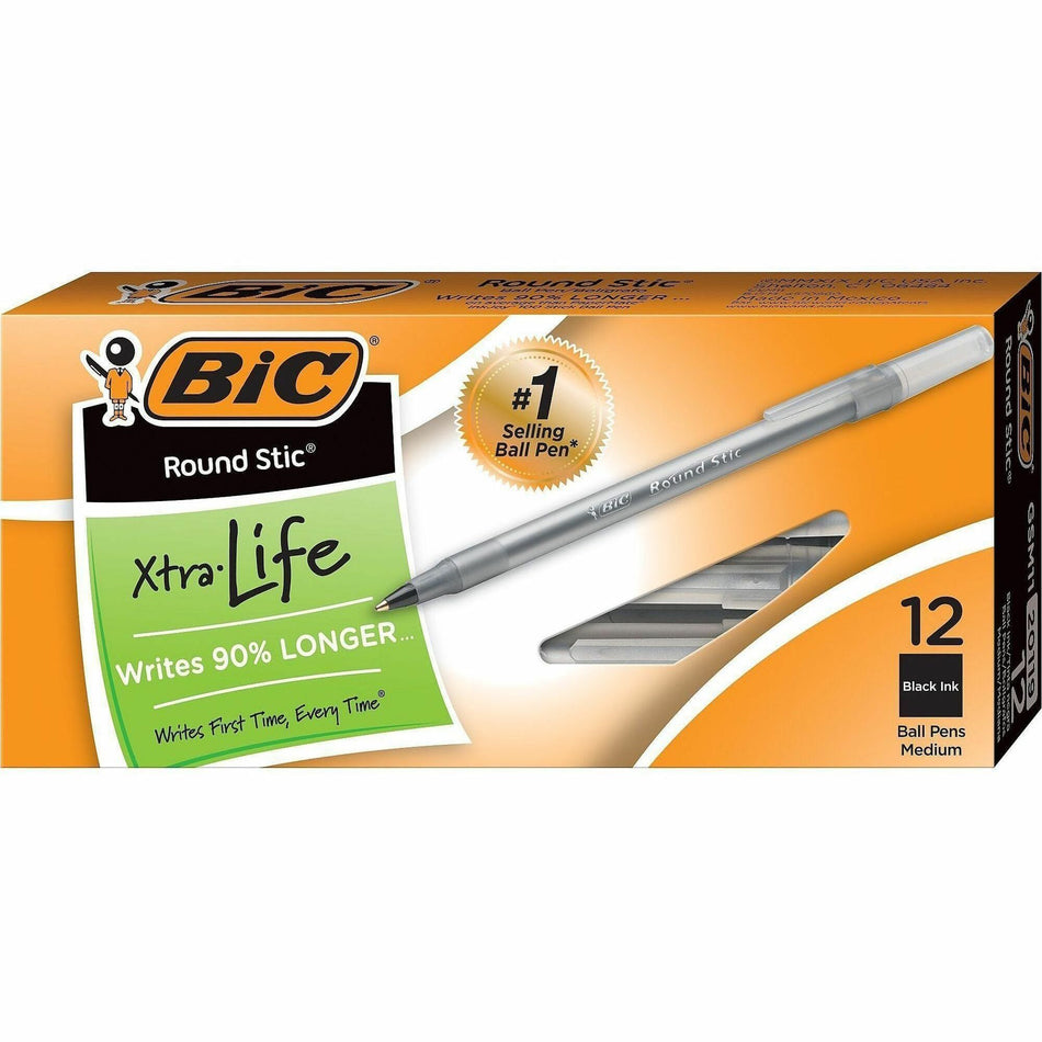 BIC Round Stic Ballpoint Pens - Medium Pen Point - Black Ink - Black Barrel - 12 / Box