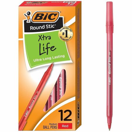 BIC Round Stic Ballpoint Pens - Medium Pen Point - Red Ink - Red Barrel - 1 Dozen