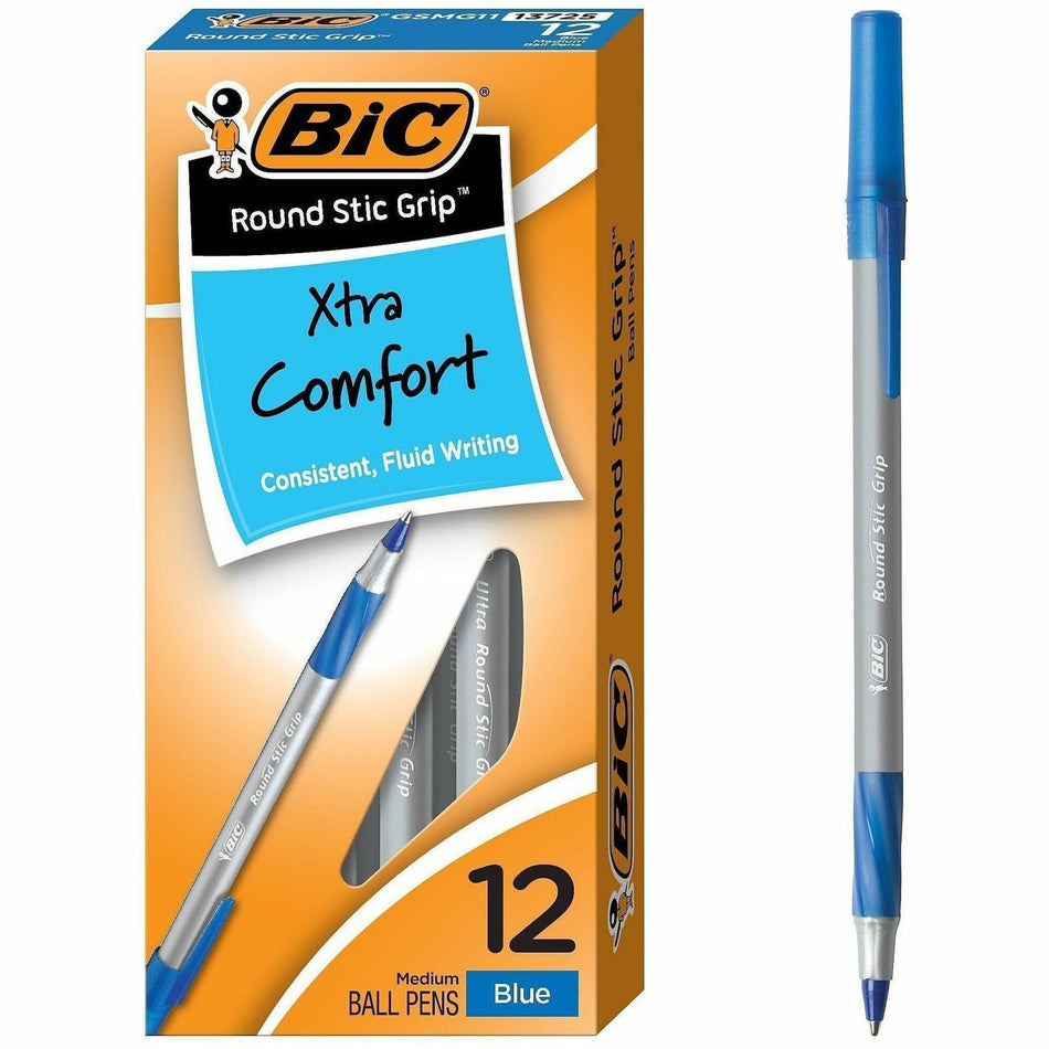 BIC Round Stic Grip Ballpoint Pen - Medium Pen Point - Blue Ink - Frost Barrel - 1 Dozen