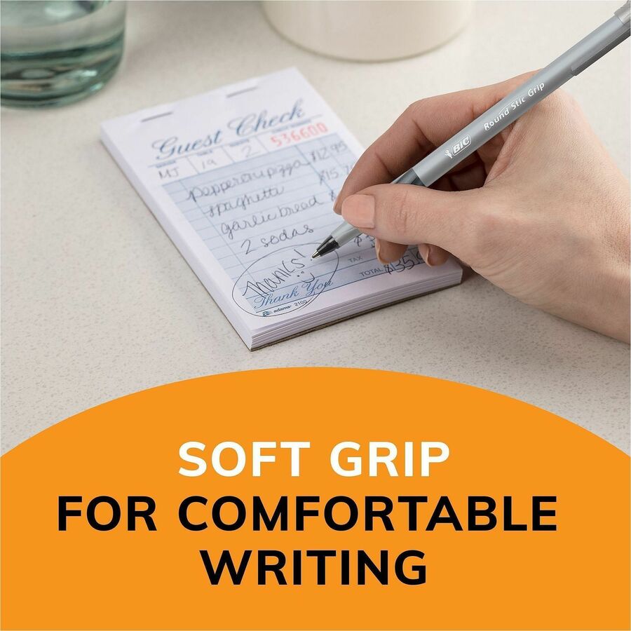 BIC Round Stic Grip Ballpoint Pen - Medium Pen Point - Black Ink - Frost Barrel - 1 Dozen