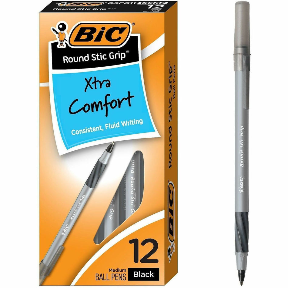 BIC Round Stic Grip Ballpoint Pen - Medium Pen Point - Black Ink - Frost Barrel - 1 Dozen