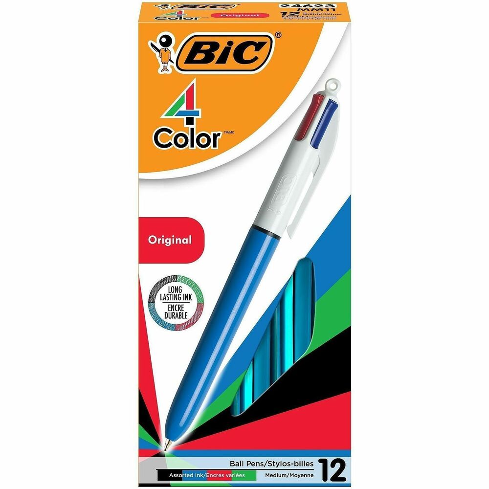BIC 4-Color Retractable Pen - Medium Pen Point - Refillable - Retractable - Multi, Black, Red, Green Ink - Blue, White Barrel - 1 Each