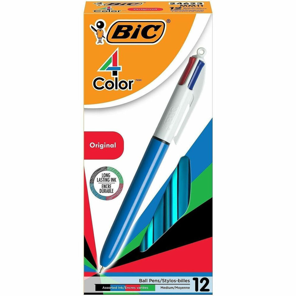 BIC 4-Color Retractable Pen - Medium Pen Point - Refillable - Retractable - Multi, Black, Red, Green Ink - Blue, White Barrel - 1 Each