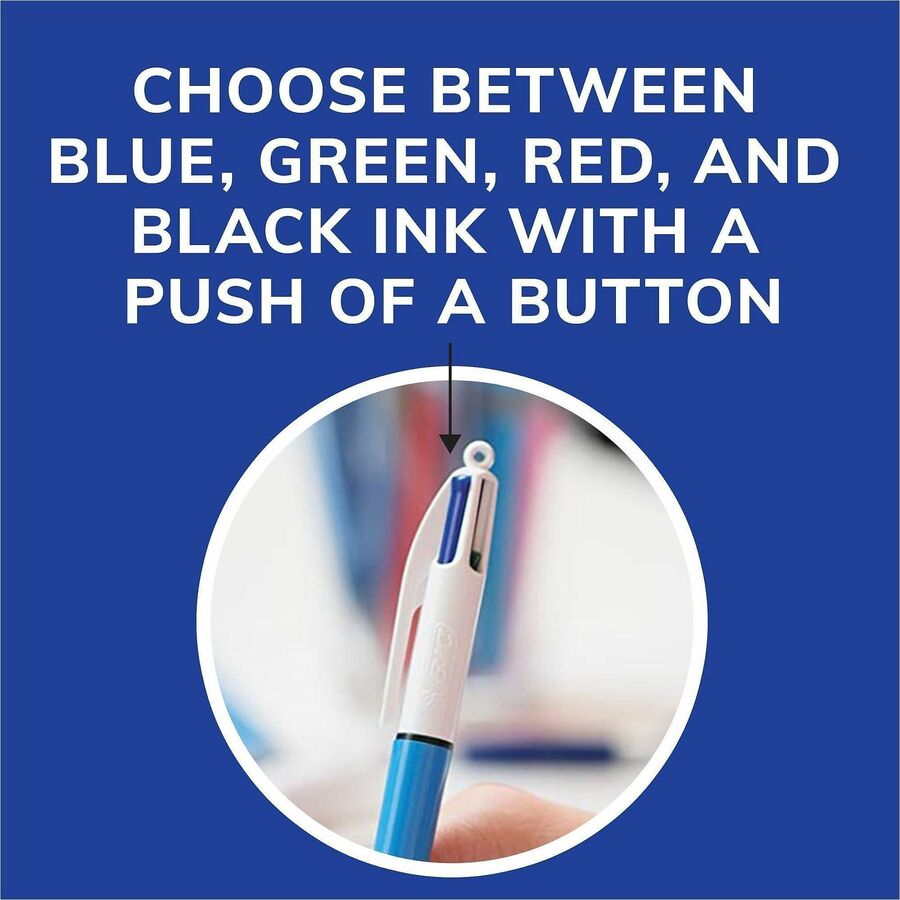 BIC 4-Color Retractable Pen - Medium Pen Point - Refillable - Retractable - Multi, Black, Red, Green Ink - Blue, White Barrel - 1 Each