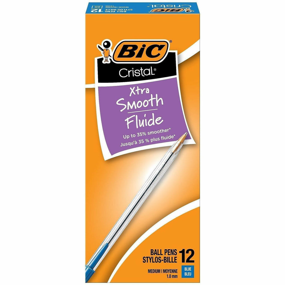BIC Classic Cristal Ballpoint Pens - Medium Pen Point - Blue Ink - Clear Barrel - Metal Tip - 1 Dozen