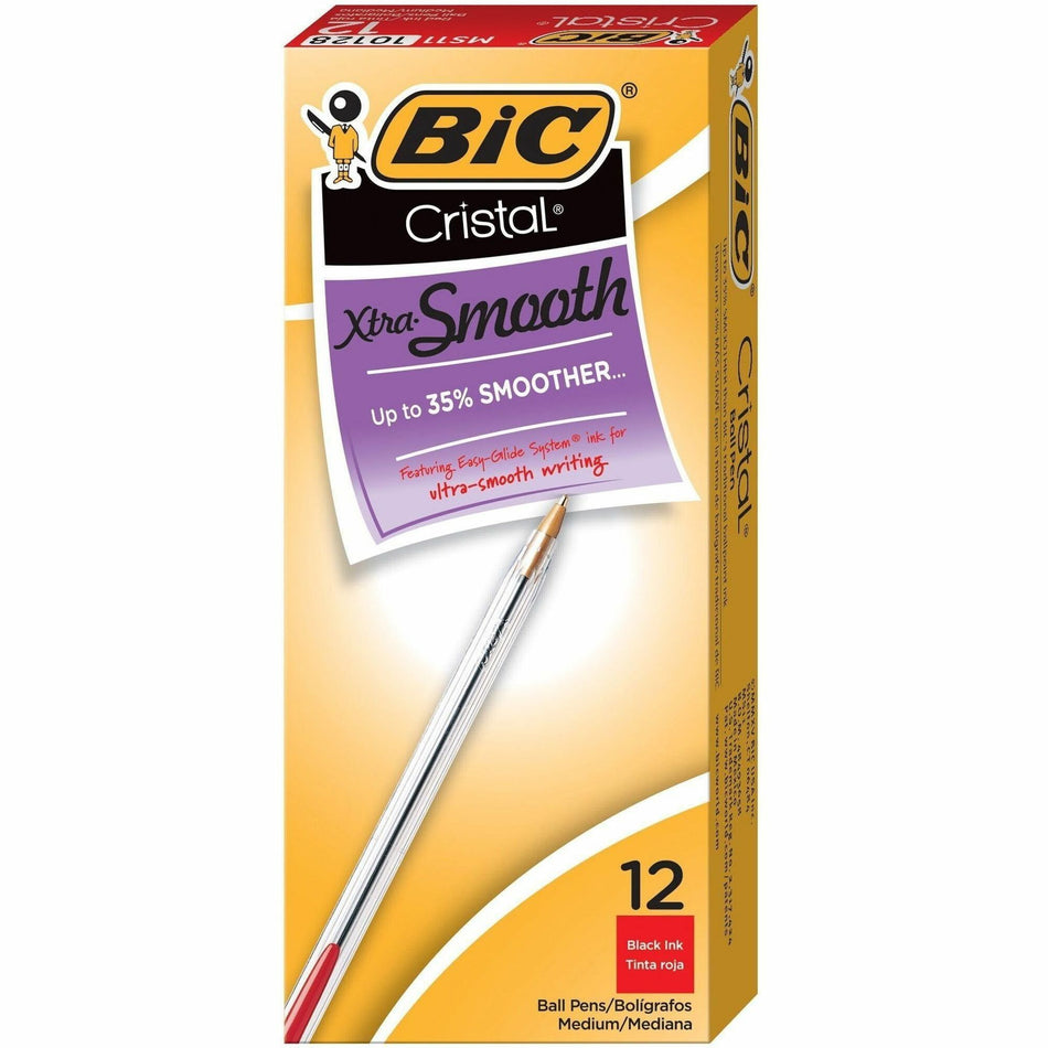 BIC Classic Cristal Ballpoint Pens - Medium Conical Pen Point - Red Ink - Clear Barrel - Metal Tip - 12 / Box