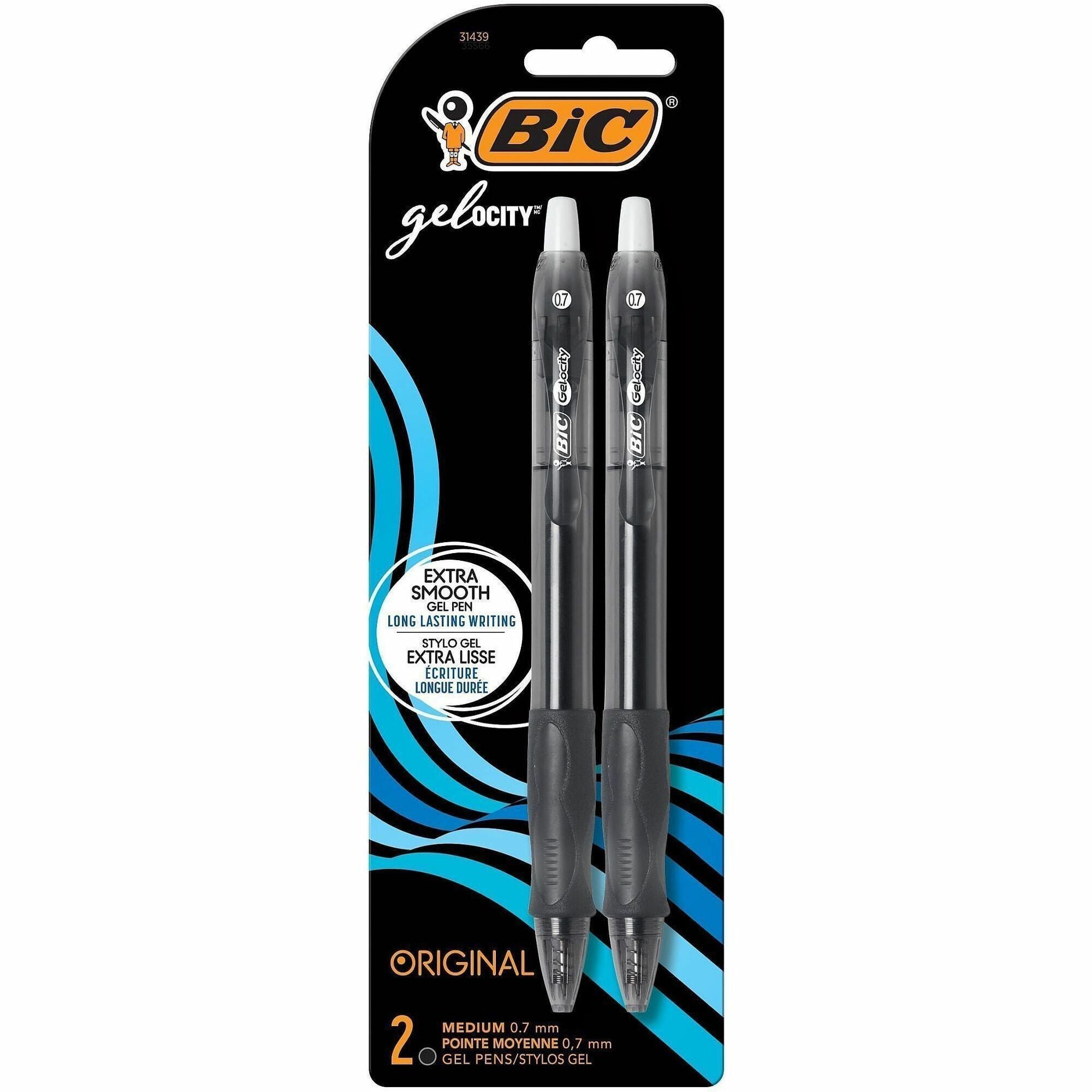 BIC Gel Retractable Pens - 0.7 mm Medium Pen Point - Refillable - Retractable - Black Ink - Gel-based - Translucent Barrel - 2 / Pack
