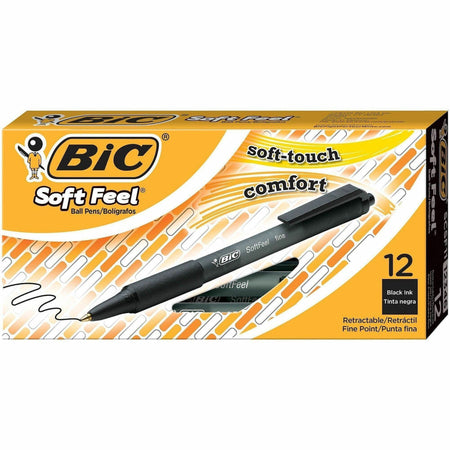 BIC SoftFeel Retractable Ball Pens - Fine Pen Point - Retractable - Black Ink - Black Rubber Barrel - 1 Dozen