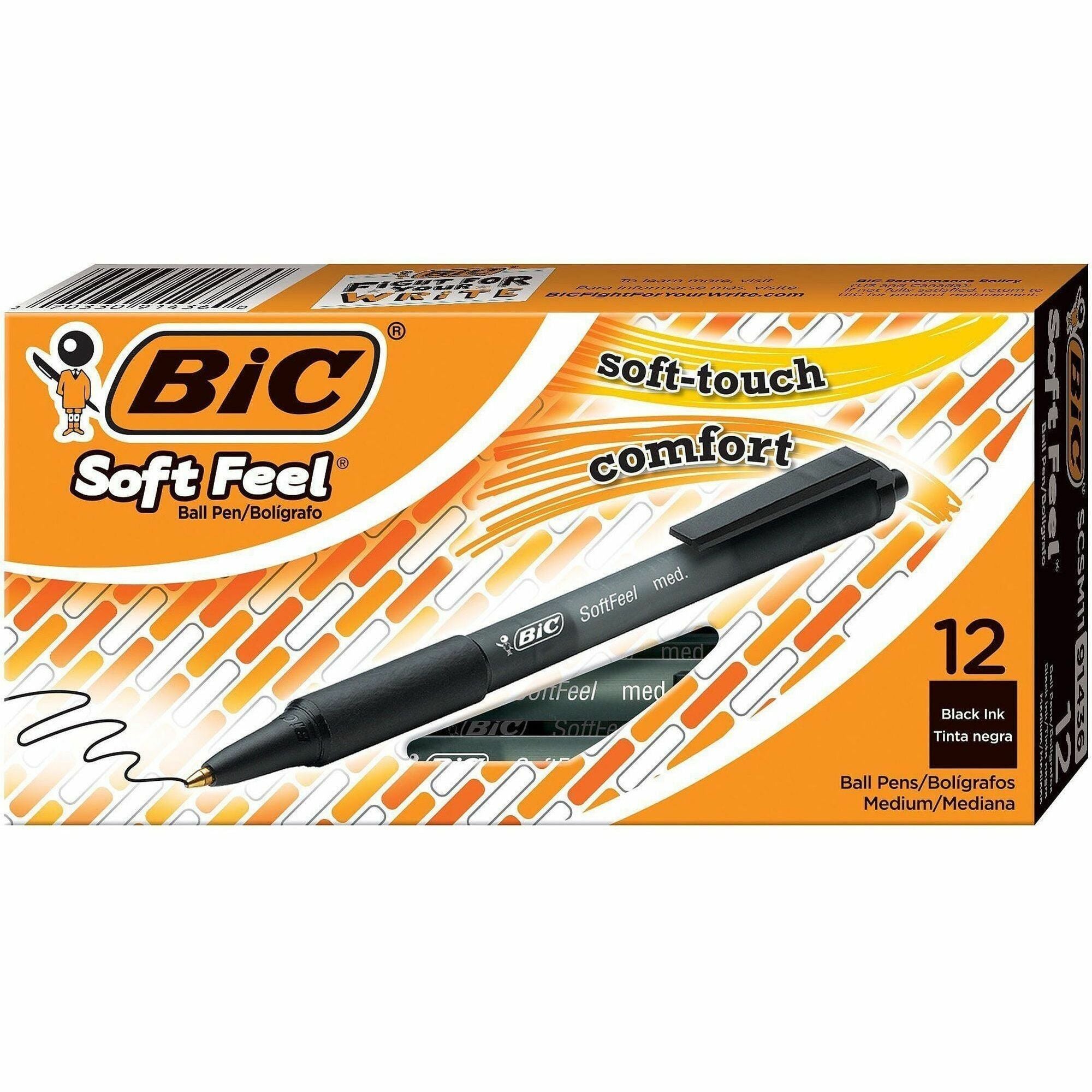 BIC SoftFeel Retractable Ball Pens - Medium Pen Point - Retractable - Black Ink - Black Rubber Barrel - 1 Dozen